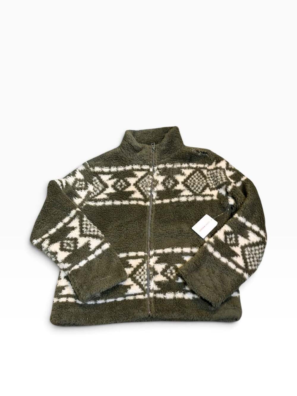 NWT Lucky Brand Fleece/Faux Fur Zip Jacket Size XS Green Geometric Print